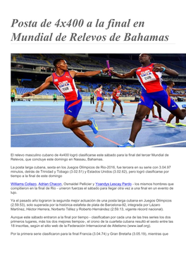 Posta De 4X400 a La Final En Mundial De Relevos De Bahamas