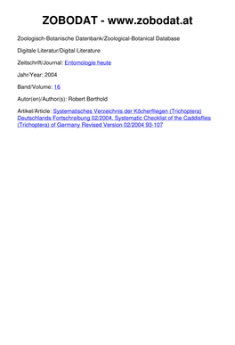 Systematisches Verzeichnis Der Köcherfliegen (Trichoptera) Deutschlands Fortschreibung 02/2004