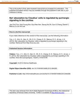 Na+ Absorption by Claudius' Cells Is Regulated by Purinergic Signaling In