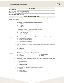 Measuring and Marking Devices 1 MULTIPLE CHOICE: Place The