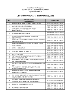 LIST of PENDING CASES As of March 29, 2019