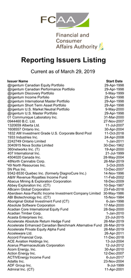 Reporting Issuers Listing