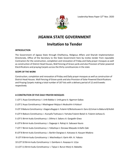 JIGAWA STATE GOVERNMENT Invitation to Tender