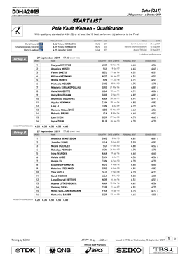 START LIST Pole Vault Women - Qualification with Qualifying Standard of 4.60 (Q) Or at Least the 12 Best Performers (Q) Advance to the Final