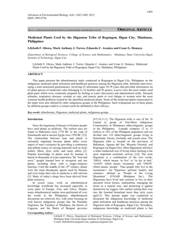 Medicinal Plants Used by the Higaonon Tribe of Rogongon, Iligan City, Mindanao, Philippines