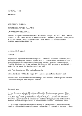 Sentenza N. 175 Anno 2017 Repubblica Italiana in Nome