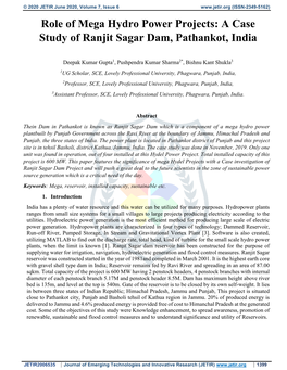 Role of Mega Hydro Power Projects: a Case Study of Ranjit Sagar Dam, Pathankot, India