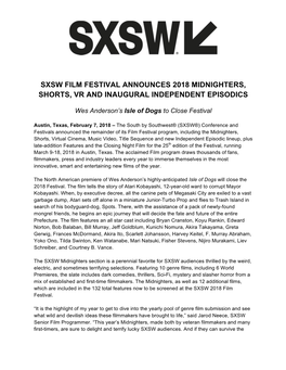 SXSW Film Festival Announces 2018 Midnighters, Shorts, VR, Inaugural