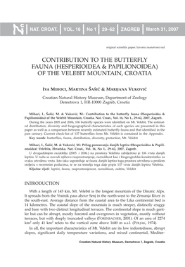 Contribution to the Butterfly Fauna (Hesperioidea & Papilionoidea) of the Velebit Mountain, Croatia