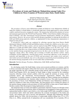 Prevalence of Acute and Moderate Malnutrition Among Under Five Children in Three Counties of Western Lakes State, South Sudan