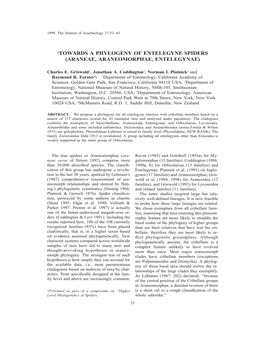 Atowards a PHYLOGENY of ENTELEGYNE SPIDERS (ARANEAE, ARANEOMORPHAE, ENTELEGYNAE)