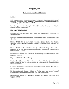 Embassy of India Brussels India-Luxembourg Bilateral Relations Political India and Luxembourg Enjoy Warm, Close and Friendly