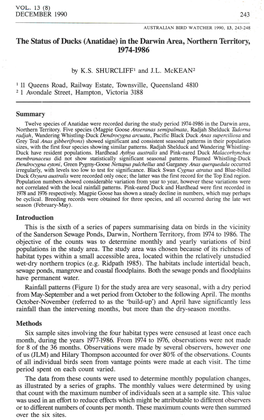 The Status of Ducks (Anatidae) in the Darwin Area, Northern Territory, 1974-1986