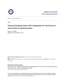 Chinese Christianity Since 1949: Implications for the Church of Jesus Christ of Latter-Day Saints