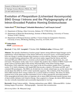 Evolution of Pleopsidium (Lichenized Ascomycota) S943 Group I Introns and the Phylogeography of an Intron-Encoded Putative Homing Endonuclease