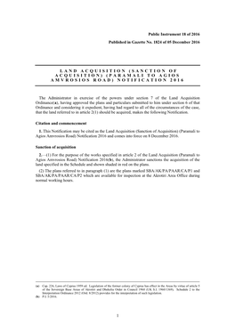 (Sanction of Acquisition) (Paramali to Agios Amvrosios Road) Notification 2016 and Comes Into Force on 8 December 2016