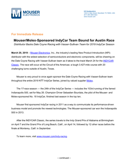 Mouser/Molex-Sponsored Indycar Team Bound for Austin Contest