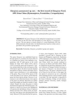 Simopone Yunnanensis Sp. Nov. – the First Record Ofsimopone Forel, 1891 from China (Hymenoptera, Formicidae, Cerapachyinae)