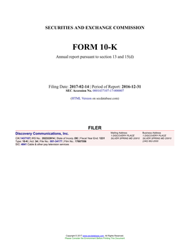 Discovery Communications, Inc. Form 10-K Annual Report Filed 2017-02-14