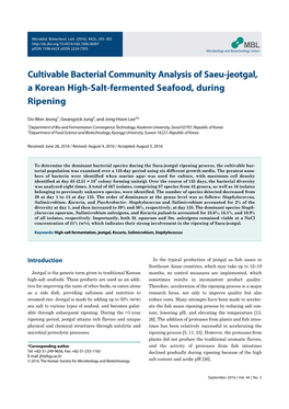 Cultivable Bacterial Community Analysis of Saeu-Jeotgal, a Korean High-Salt-Fermented Seafood, During Ripening