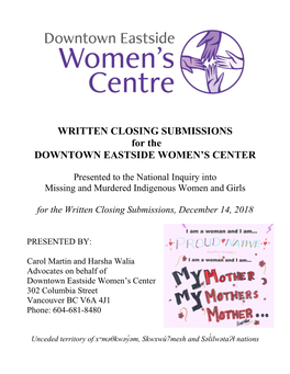 WRITTEN CLOSING SUBMISSIONS for the DOWNTOWN EASTSIDE WOMEN’S CENTER