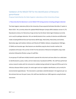 Validation of the MALDI-TOF for the Identification of Neisseria Gonorrhoeae Proposal Submitted by the State Hygienic Laboratory at the University of Iowa