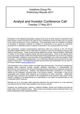 Analyst and Investor Conference Call Tuesday 17 May 2011