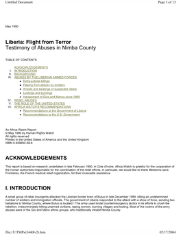 Liberia: Flight from Terror Testimony of Abuses in Nimba County