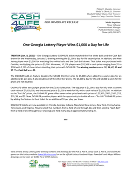 One Georgia Lottery Player Wins $1,000 a Day for Life