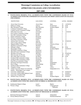 Mississippi Commission on College Accreditation APPROVED COLLEGES and UNIVERSITIES 2007-2008