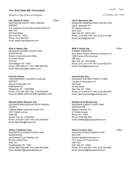 New York State Bar Association A01400 Page 1 Members of the House of Delegates As of Sunday, June 3, 2018