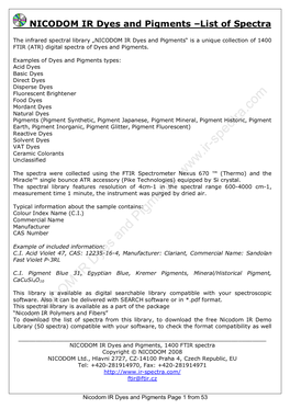 NICODOM IR Dyes and Pigments –List of Spectra
