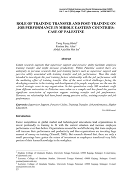 Role of Training Transfer and Post-Training on Job Performance in Middle Eastern Countries: Case of Palestine
