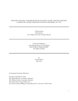 Policies, Politics, and Protests: Black Educators and the Shifting Landscape of Philadelphia's School Reforms, 1967-2007 A