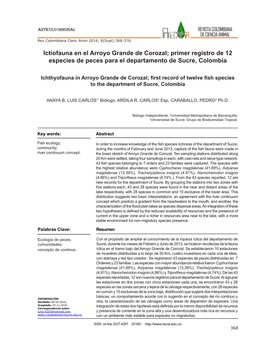 Ictiofauna En El Arroyo Grande De Corozal; Primer Registro De 12 Especies De Peces Para El Departamento De Sucre, Colombia