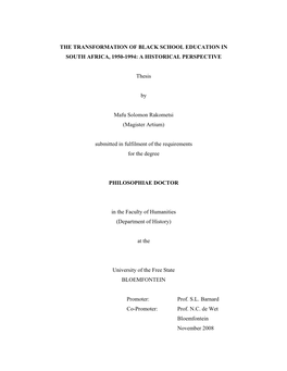 The Transformation of Black School Education in South Africa, 1950-1994: a Historical Perspective