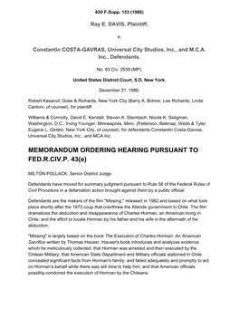 Memorandum Ordering Hearing Pursuant to Fed.R.Civ.P