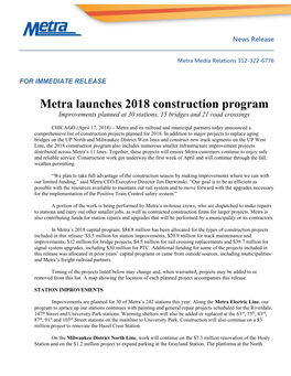 Metra Launches 2018 Construction Program Improvements Planned at 30 Stations, 15 Bridges and 21 Road Crossings