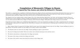 Compilation of Mennonite Villages in Russia Prepared by Tim Janzen and Edited by Richard D