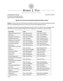 Speaker Vos Announces Assembly Standing Committees, Chairs