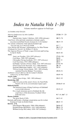 Index to Natalia Vols 1-30 Volume Numbers Appear in Bold Fvpe