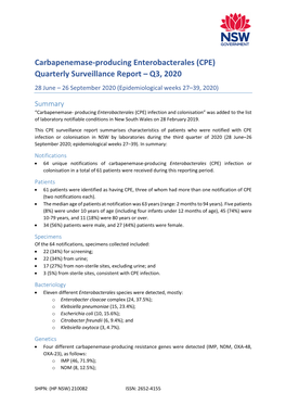 Carbapenemase-Producing Enterobacterales (CPE) Quarterly Surveillance Report – Q3, 2020 28 June – 26 September 2020 (Epidemiological Weeks 27–39, 2020)