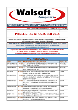 Pricelist As at October 2014