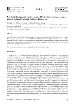 Zootaxa, New Familial Assignments for Three Species Of