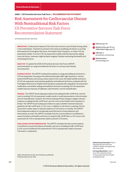 Risk Assessment for Cardiovascular Disease with Nontraditional Risk Factors US Preventive Services Task Force Recommendation Statement