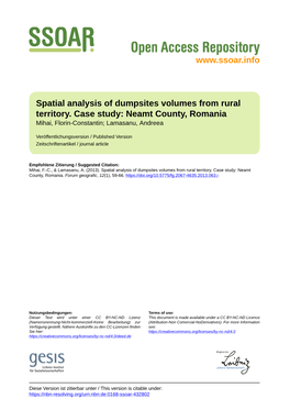 Spatial Analysis of Dumpsites Volumes from Rural Territory. Case Study: Neamt County, Romania Mihai, Florin-Constantin; Lamasanu, Andreea