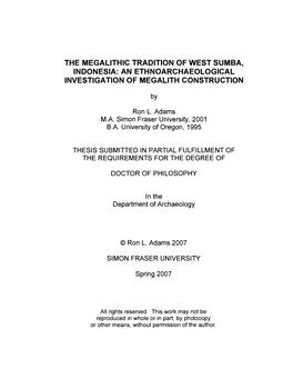 The Megalithic Tradition of West Sumba, Indonesia: an Ethnoarchaeological Investigation of Megalith Construction