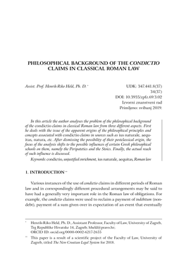 Philosophical Background of the Condictio Claims in Classical Roman Law