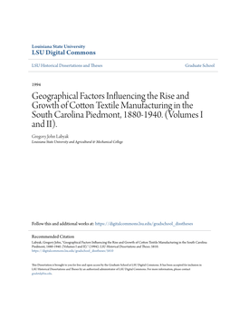 Geographical Factors Influencing the Rise and Growth of Cotton Textile Manufacturing in the South Carolina Piedmont, 1880-1940