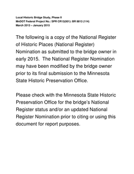 National Register of Historic Places (National Register) Nomination As Submitted to the Bridge Owner in Early 2015